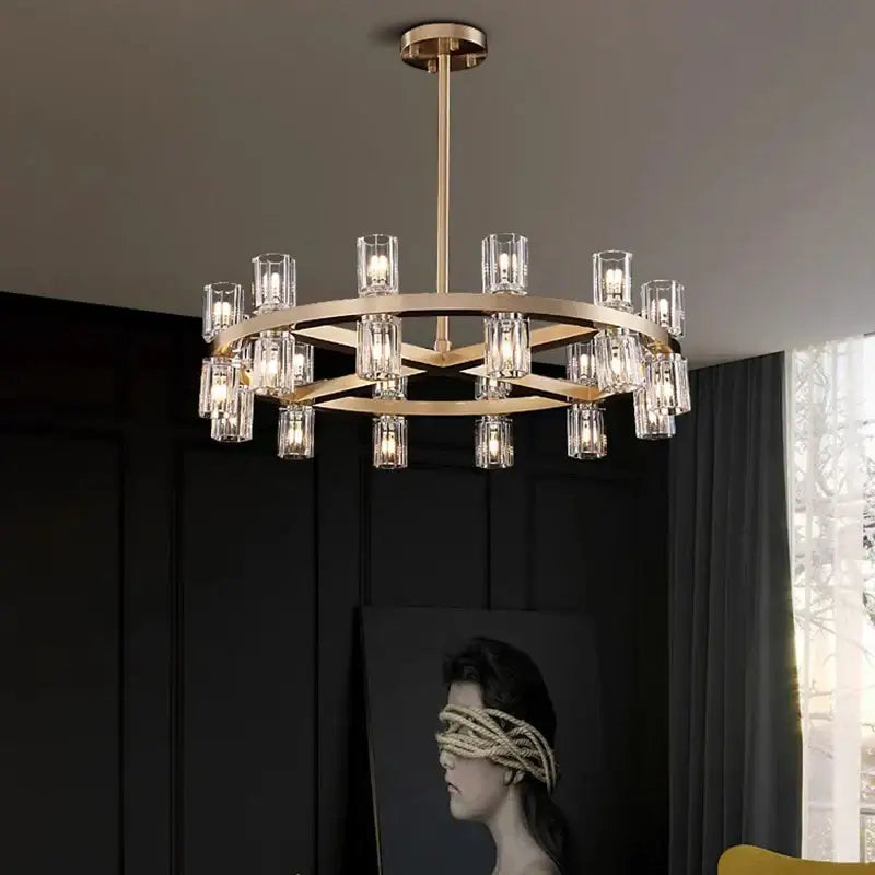 Decorbites crystal chandelier pendant light with gold metal frame and clear glass candle bulbs for living room lighting