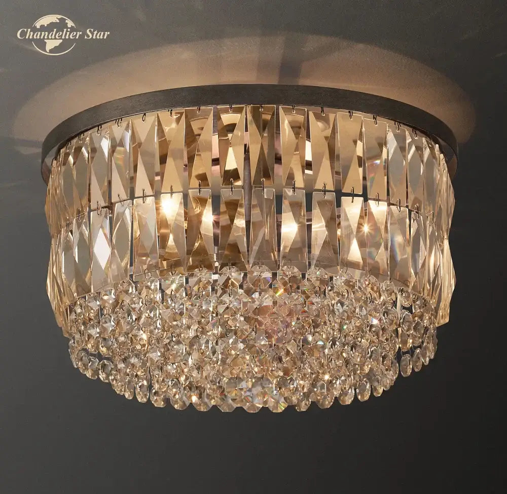 Modern gold tiered crystal flushmount ceiling light with dark metal frame and clear crystals for dining room decorbites ceiling light