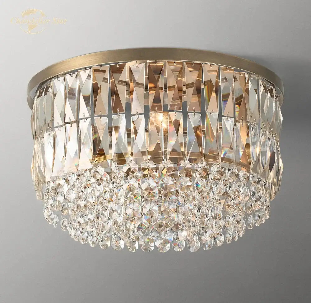 Modern gold tiered crystal flushmount ceiling light with cascading clear prisms for elegant dining room decorbites ceiling light