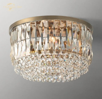 Modern gold tiered crystal flushmount ceiling light with cascading clear prisms for elegant dining room decorbites ceiling light