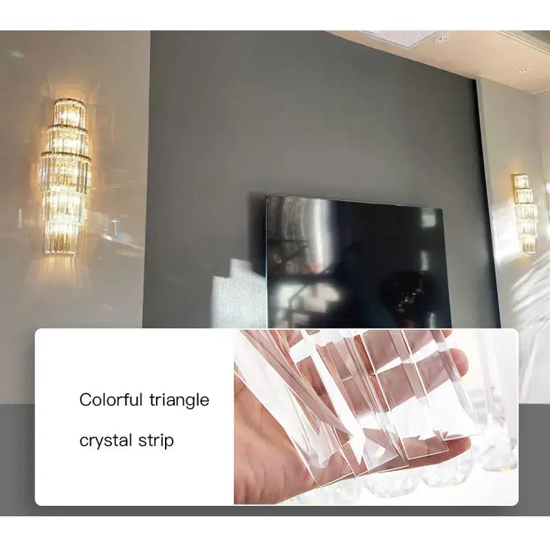Modern gold tiered crystal nordic wall lamp featuring a colorful triangle crystal strip with clear faceted edges