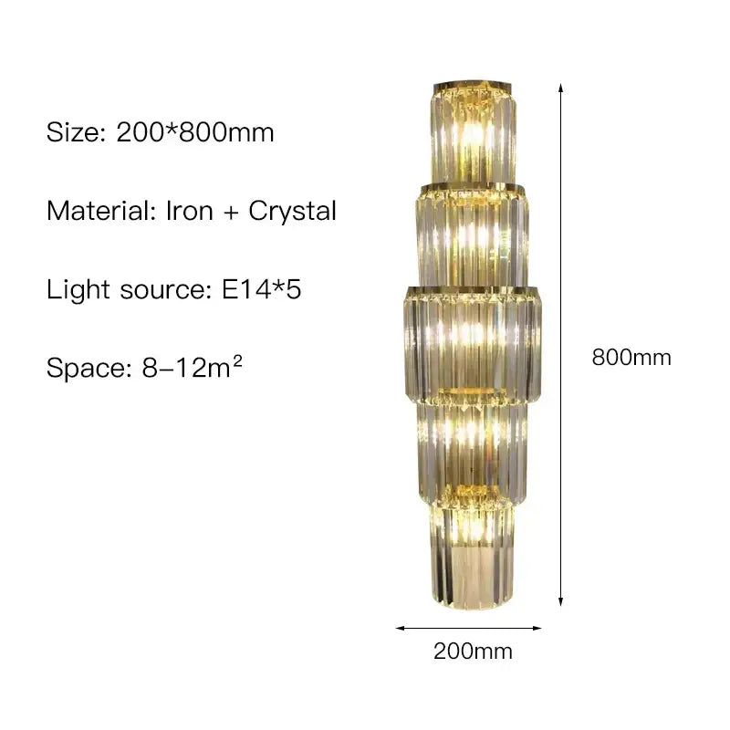 Modern gold tiered crystal nordic wall lamp with iron and crystal decor featuring five illuminated e14 bulbs for living room decor