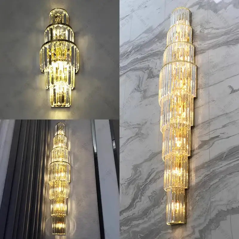 Modern gold tiered crystal nordic wall lamp with cylindrical glass shades for living room decorbites crystal nordic wall