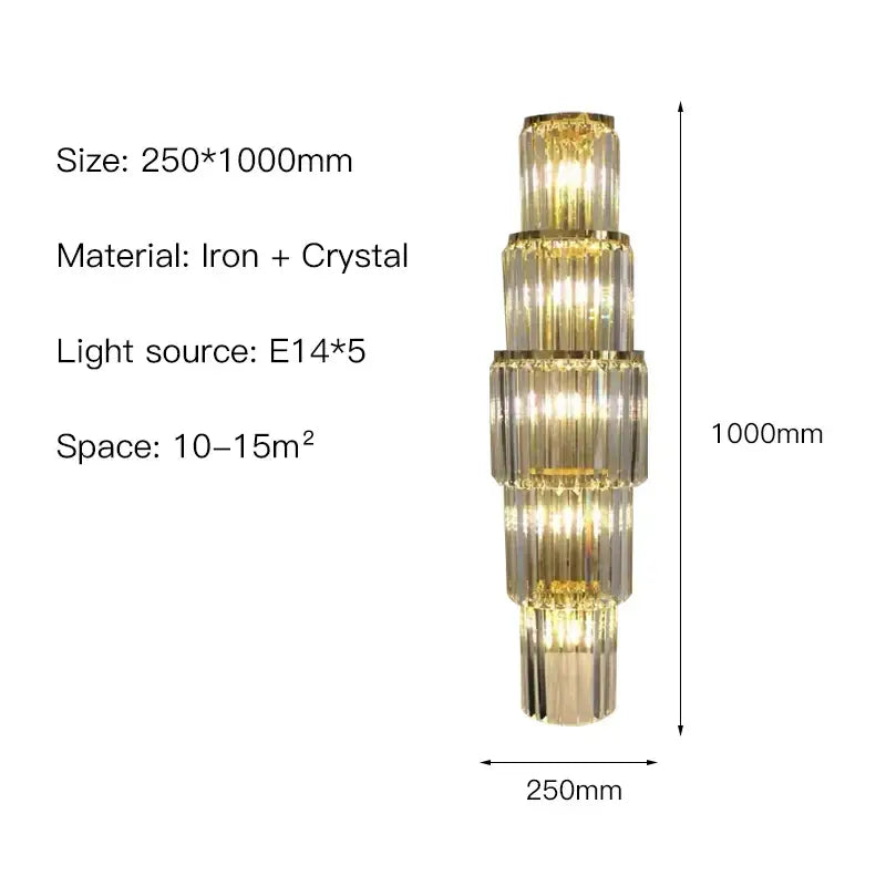 Modern gold tiered crystal nordic wall lamp with iron frame and five e14 lights perfect for elegant decorbites crystal nordic decor