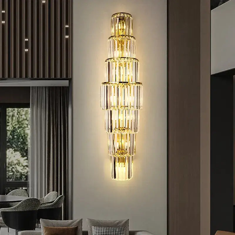 Modern gold tiered crystal nordic wall lamp with clear crystal bands and metal accents for living room decorbites crystal nordic design