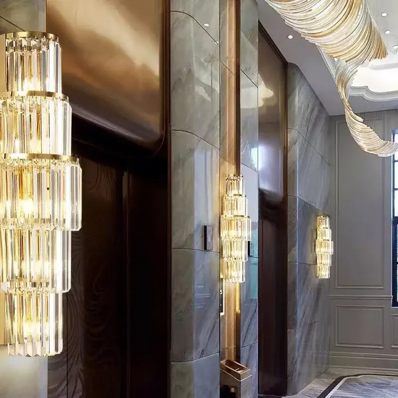 Modern gold tiered crystal nordic wall lamp with cascading design for elegant living room decorbites crystal nordic use