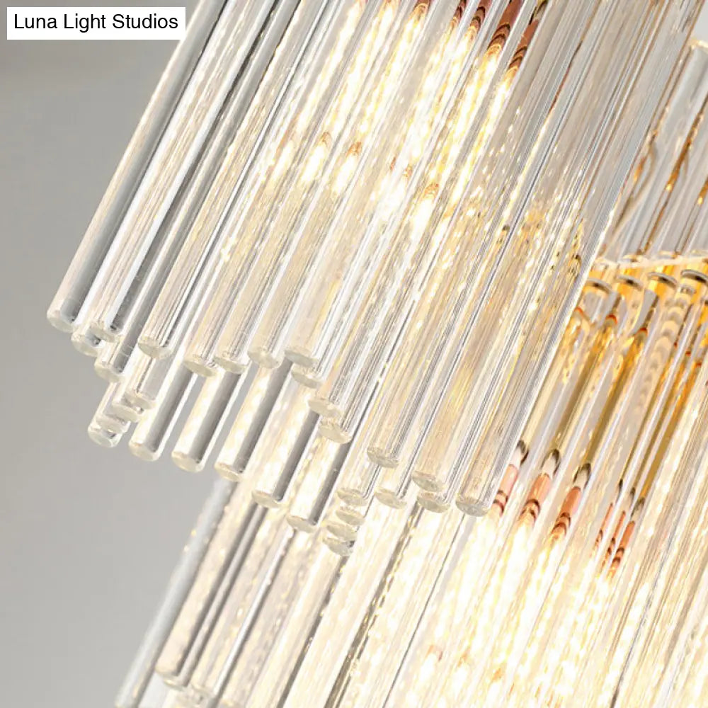 Lámpara de araña moderna de cristal cilíndrica escalonada dorada: colgante de comedor de 6 luces