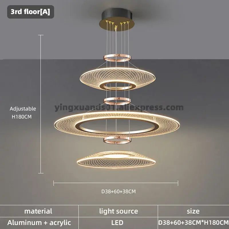 Modern gold tiered mesh pendant chandelier led living room light with three concentric rings made of aluminum and acrylic