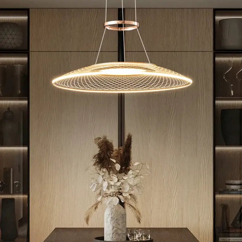 Modern gold tiered mesh pendant chandeliers led with sleek circular rose gold accents and illuminated wire mesh pattern