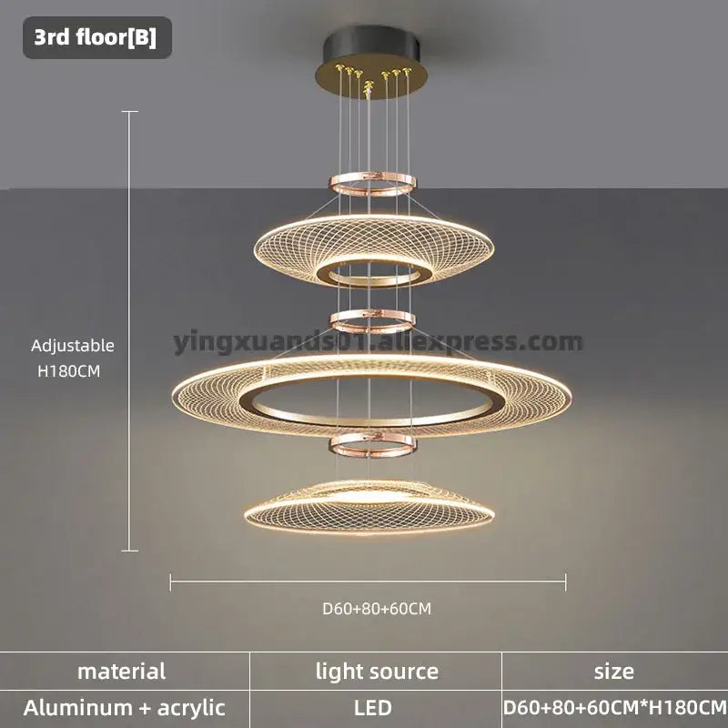Modern gold tiered mesh pendant chandeliers led featuring three aluminum rings with acrylic mesh for living room light