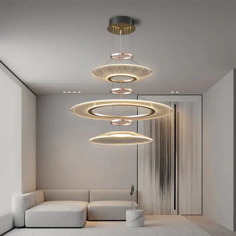 Modern gold tiered mesh pendant chandelier with concentric rings and warm led lighting for pendant chandeliers led hanging