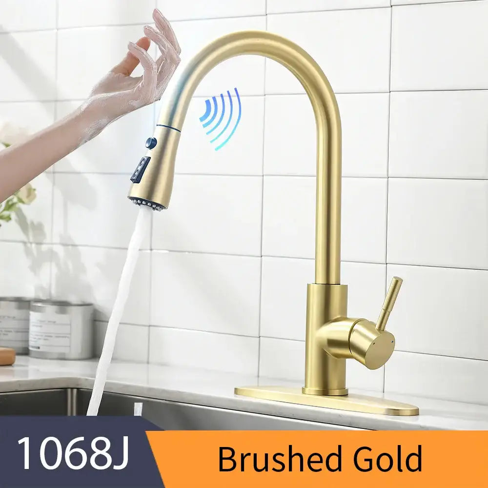 Modern gold touch control sink faucet in brushed gold with sleek design and touchless sensor technology for kitchen use