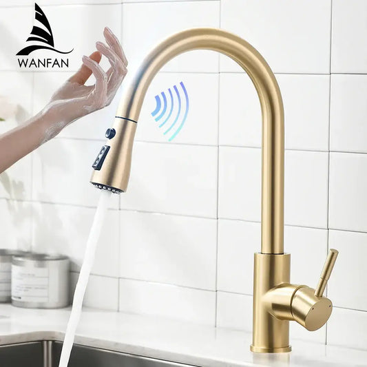 Modern gold touch control sink tap with sleek curved spout and touch-sensitive controls for kitchen use