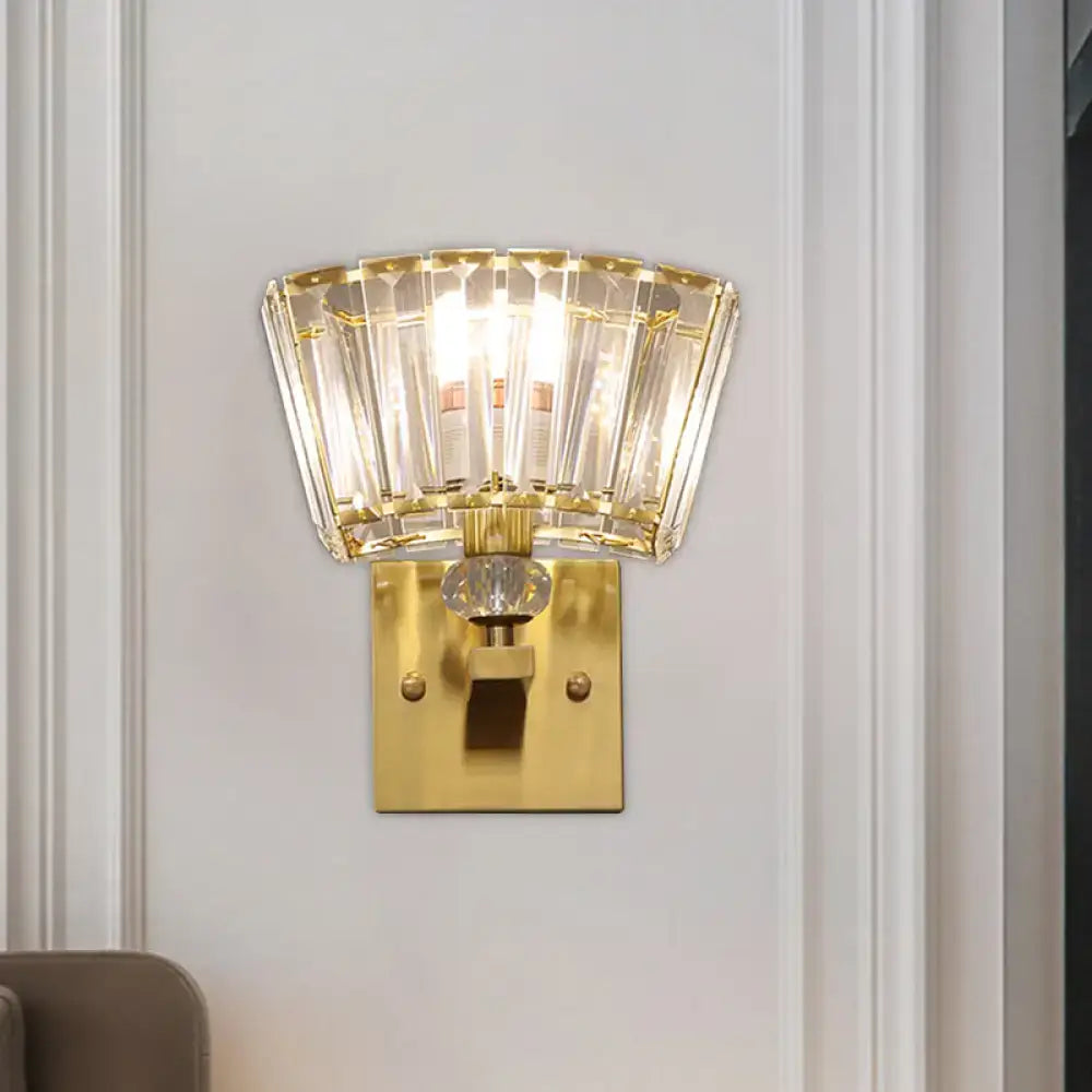 Modern gold trapezoid crystal blocks wall sconce with fan-shaped clear faceted crystal panels for living room lighting