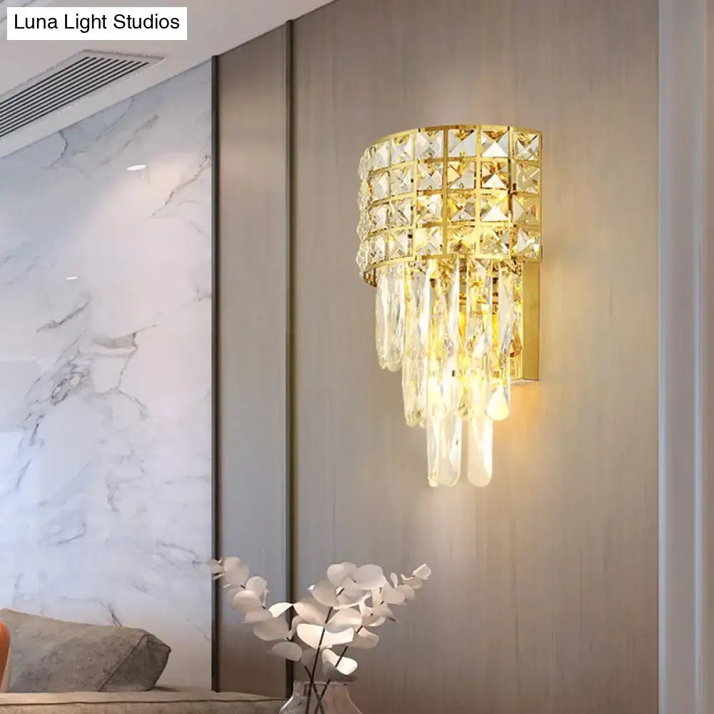 Modern gold triangular crystal wall lamp with cascading faceted glass elements for 110v-120v led incandescent fluorescent lighting