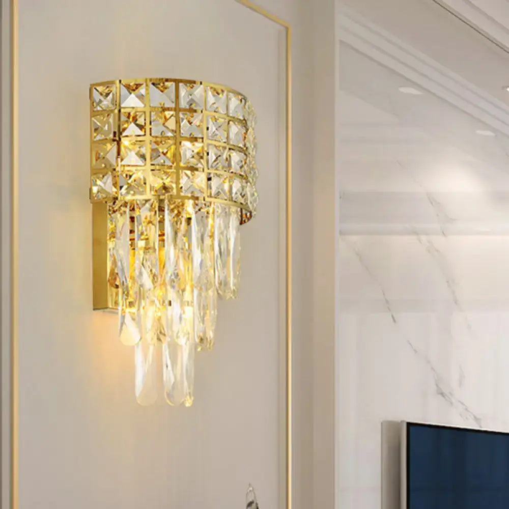 Modern gold triangular crystal wall lamp with tiered square-cut design and teardrop crystals compatible with 110v-120v