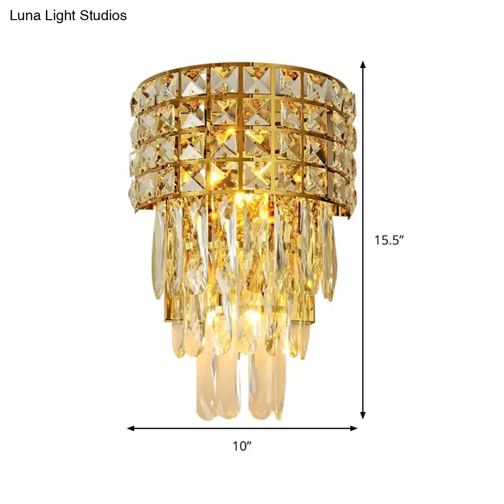 Modern gold triangular crystal wall lamp with tiered gold-toned chandelier and teardrop crystals 110v-120v led light