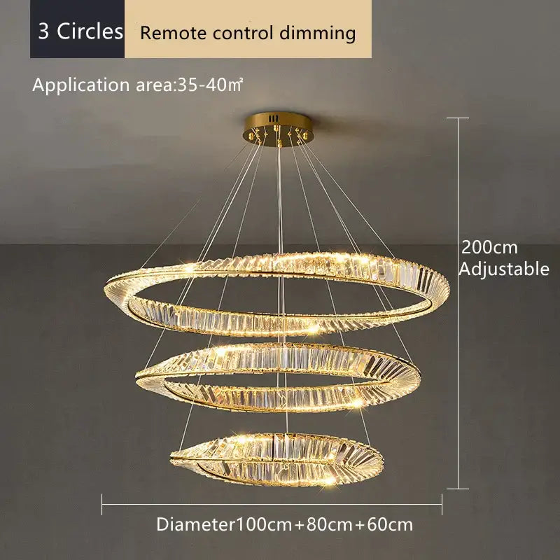 Modern gold triple ring decorbites crystal ceiling chandelier with three-tier spiral design and remote dimming feature