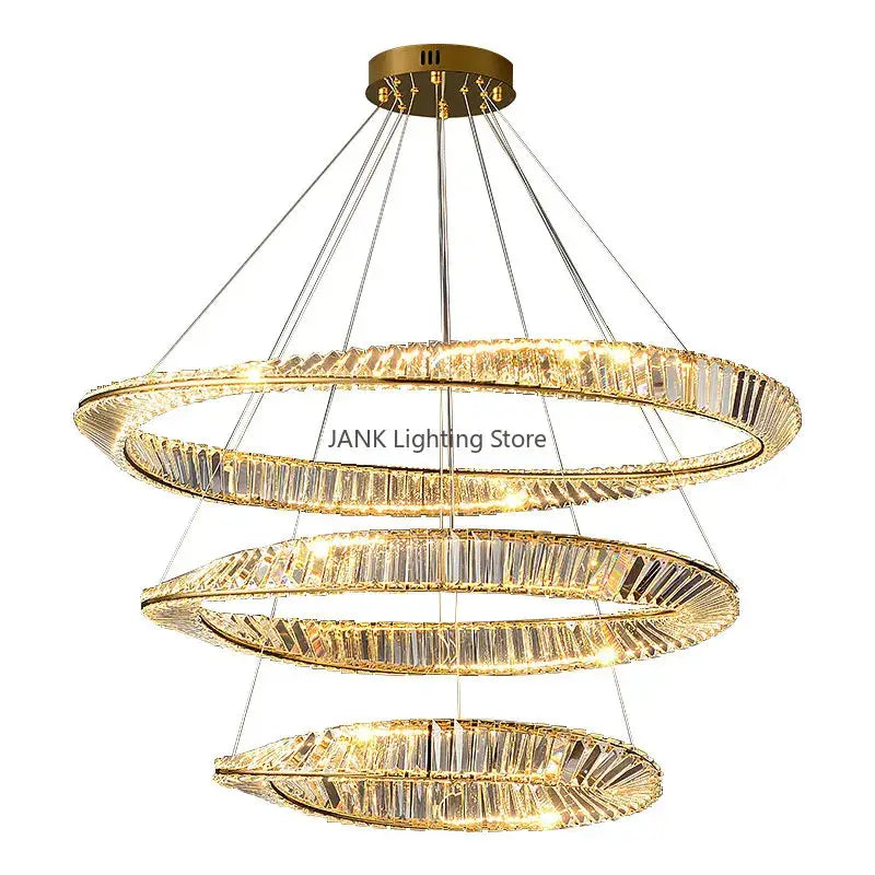 Modern gold decorbites crystal ceiling chandelier with three concentric spiraling rings for living room decor