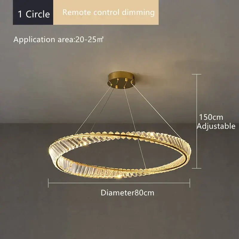 Modern gold triple ring decorbites crystal ceiling chandelier with crystal accents and remote control dimming for living room