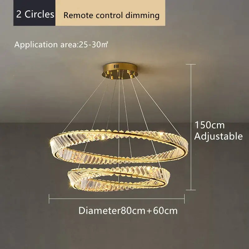 Modern gold double-ring decorbites crystal ceiling chandelier with crystal-encrusted rings and remote-controlled dimming