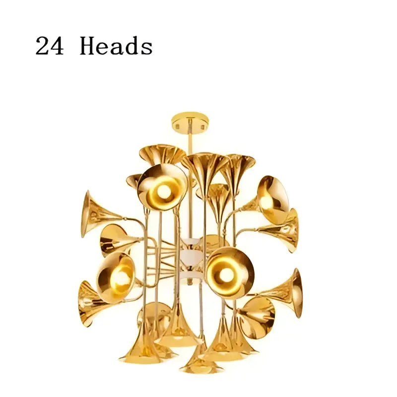 Modern gold trumpet pendant chandelier with 24 trumpet-shaped heads in a spherical design for dining room decorbites gold trumpet