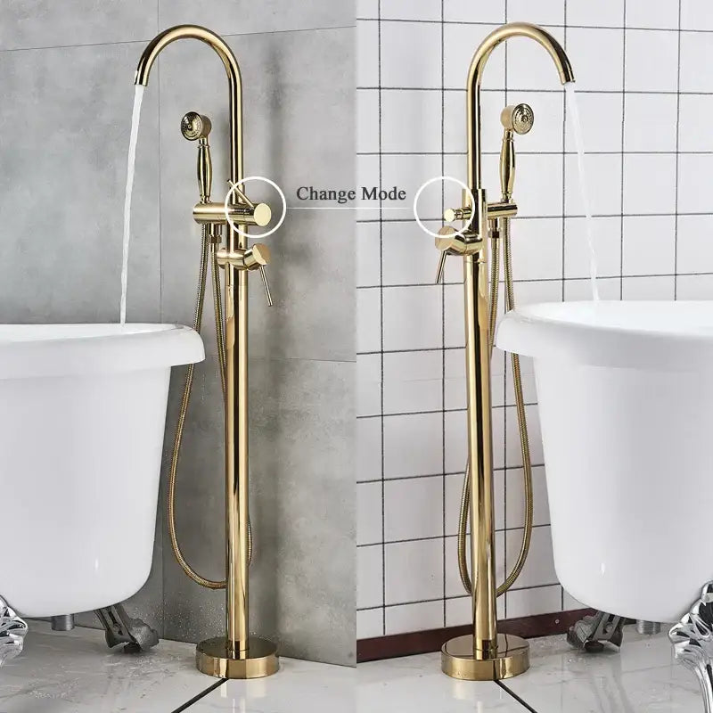 Modern brass-finished gold tub sink faucet with curved spout and handheld showerhead for decorbites gold tub bathroom fixtures