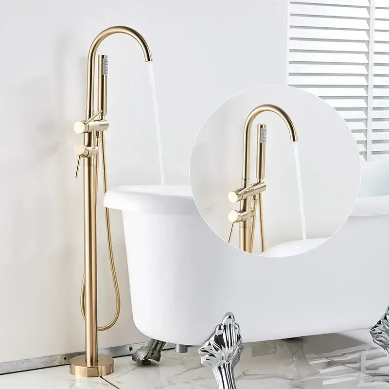 Modern gold tub sink faucet with handshower featuring a gold finished tall curved spout and two control knobs decorbites gold tub