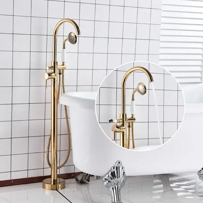 Modern gold tub sink faucet with handshower featuring a gold finish curved spout and detachable handheld showerhead decorbites gold tub