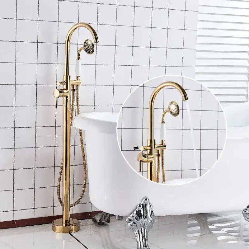 Modern gold tub sink faucet with handshower featuring a gold finish curved spout and detachable handheld showerhead decorbites gold tub