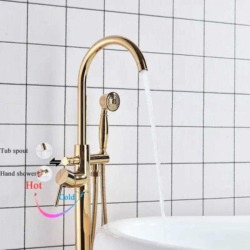 Modern gold tub sink faucet with curved spout and handheld showerhead decorbites gold tub bathroom fixture