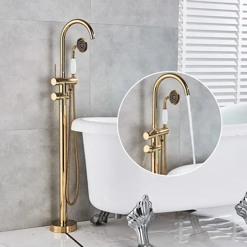 Modern gold tub sink faucet with white ceramic handles and detachable handshower in decorbites gold tub bathroom fixture