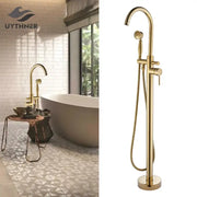Modern gold tub sink faucet with a curved spout and handheld showerhead for stylish bathroom decorbites gold tub fixture