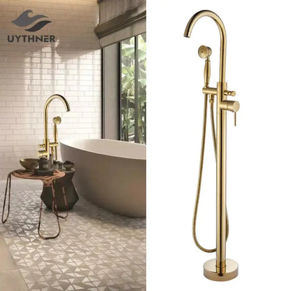 Modern gold tub sink faucet with a curved spout and handheld showerhead for stylish bathroom decorbites gold tub fixture