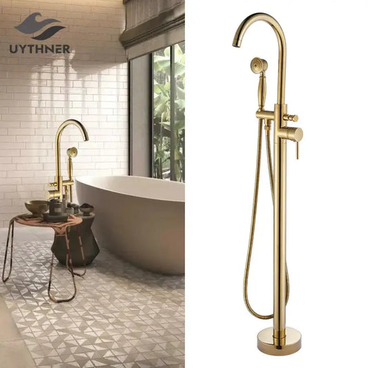 Modern gold tub sink faucet with a curved spout and handheld showerhead for stylish bathroom decorbites gold tub fixture