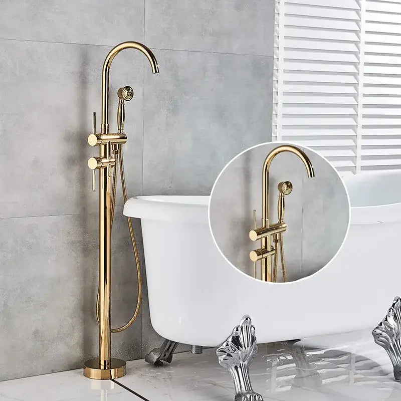 Modern gold tub sink faucet with handshower features a gold finished tall tub sink faucet and separate handheld showerhead decorbites gold tub