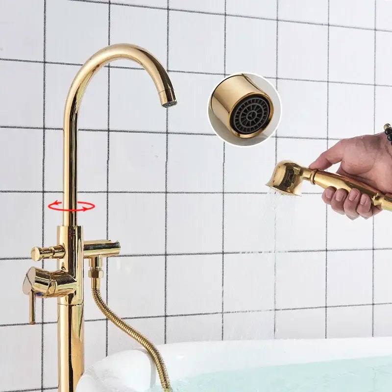 Modern gold tub sink faucet with curved spout and attached handheld showerhead as decorbites gold tub fixture