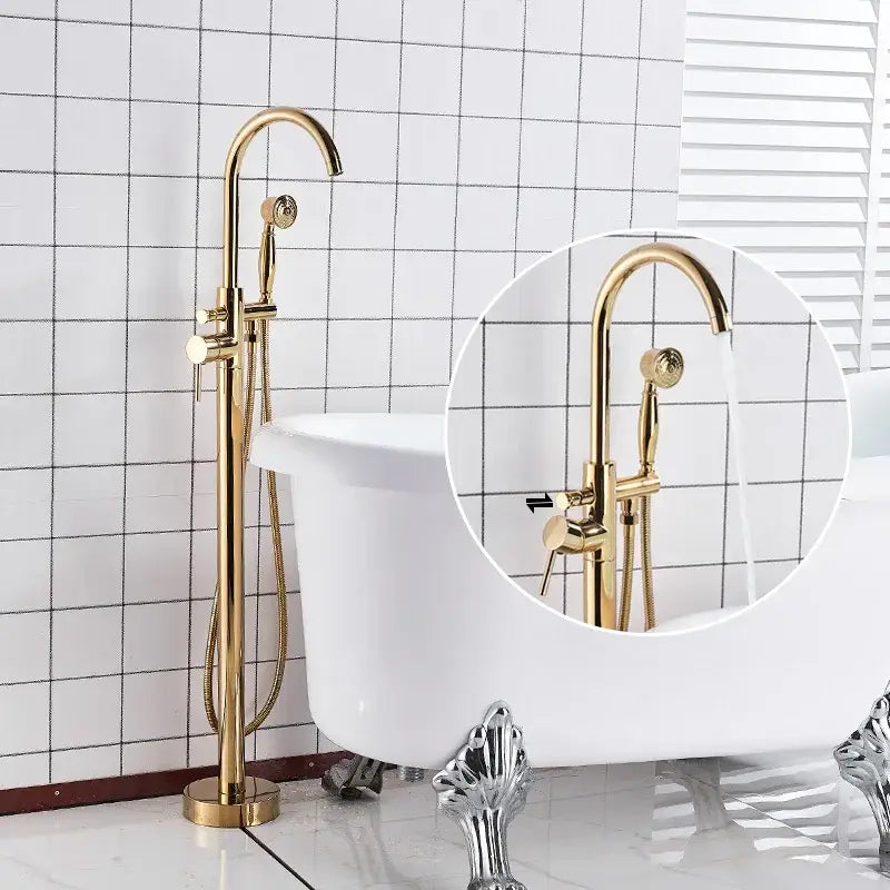 Modern gold tub sink freestanding faucet with tall curved spout and detachable handshower decorbites gold tub fixture