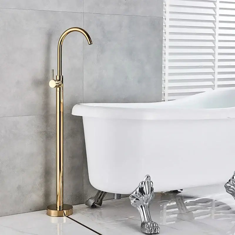Modern gold tub sink faucet with curved spout and circular handle for decorbites gold tub bathroom fixture