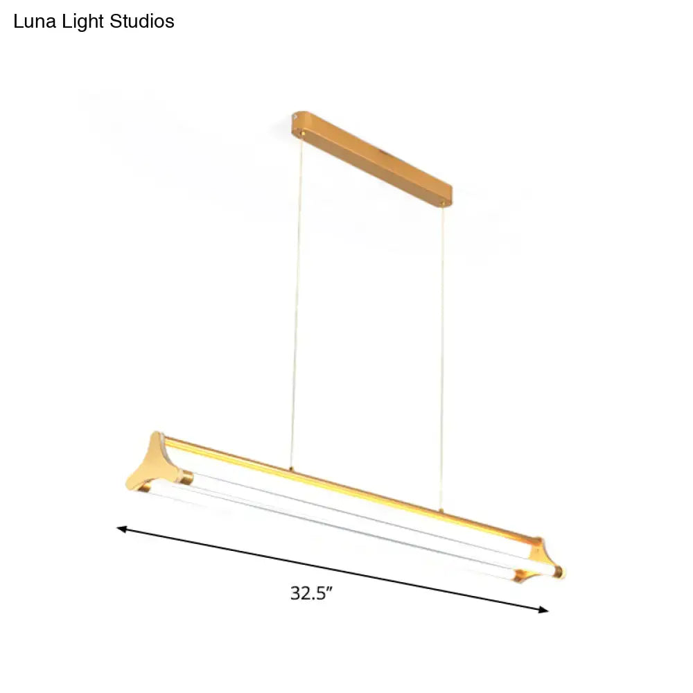 Gold-finished modern tube chandelier with sleek rectangular design and wooden ceiling mount for living room fixture width options