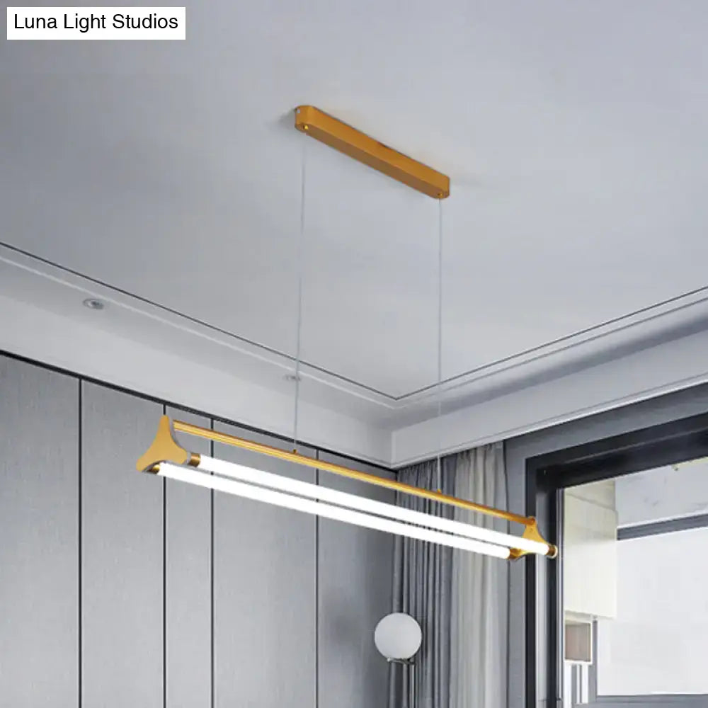 Gold-toned DecorBites tube chandelier with two linear LED strips and adjustable fixture width for living room lighting