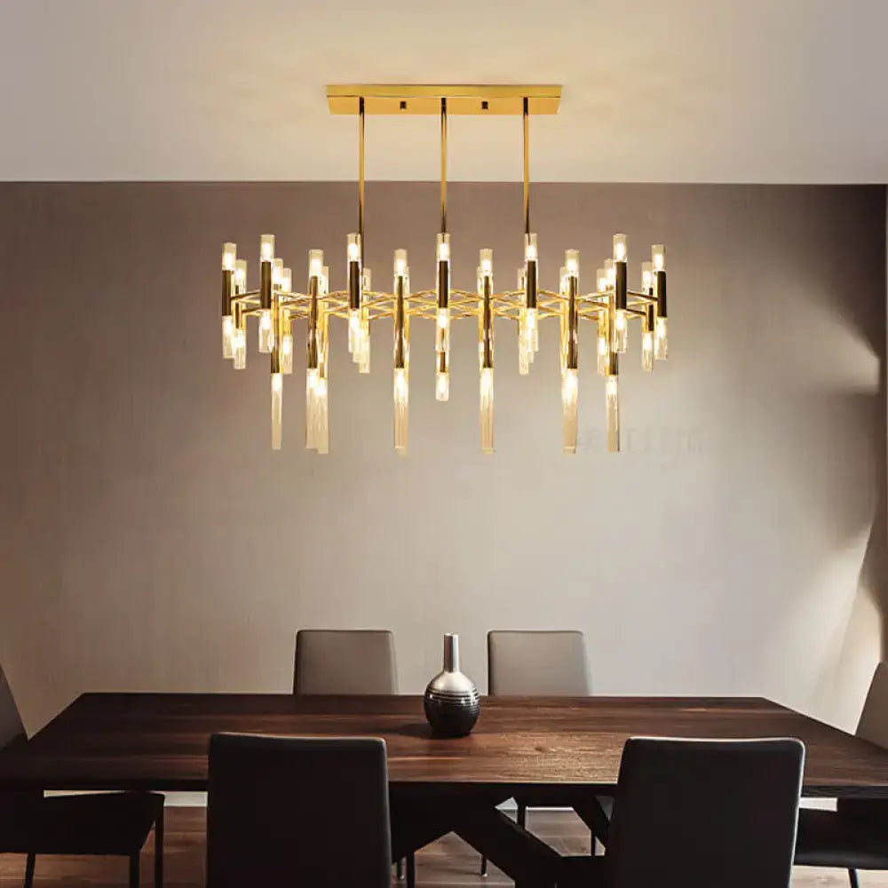 Decorbites gold metal tubular led island pendant with crystal glass rods and modern geometric design for dining room