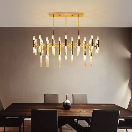 Decorbites gold metal tubular led island pendant with crystal glass rods and modern geometric design for dining room