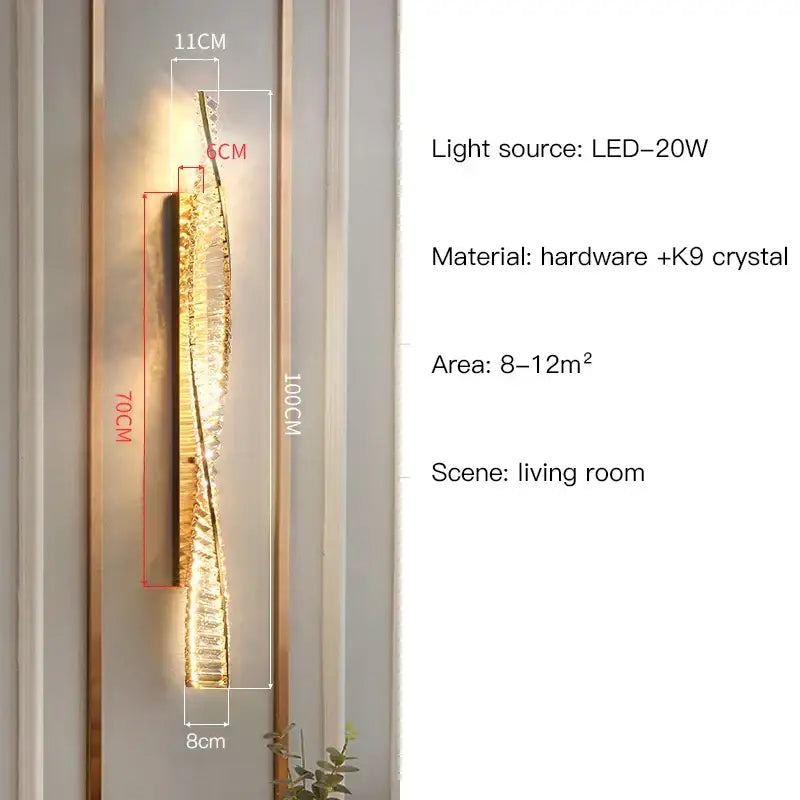 A modern gold twisted crystal wall sconce with k9 crystal elements by decorbites for elegant bedroom lighting decor