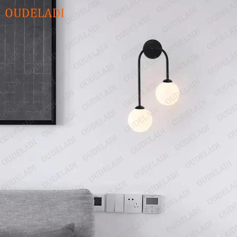 Black metal wall lamp with two frosted decorbites glass ball led shades for modern living room sconce decor