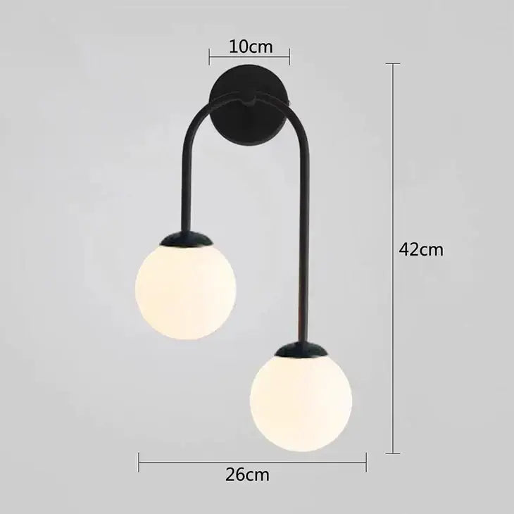 Black metal wall lamp with two frosted decorbites glass ball led shades for modern living room sconce decor