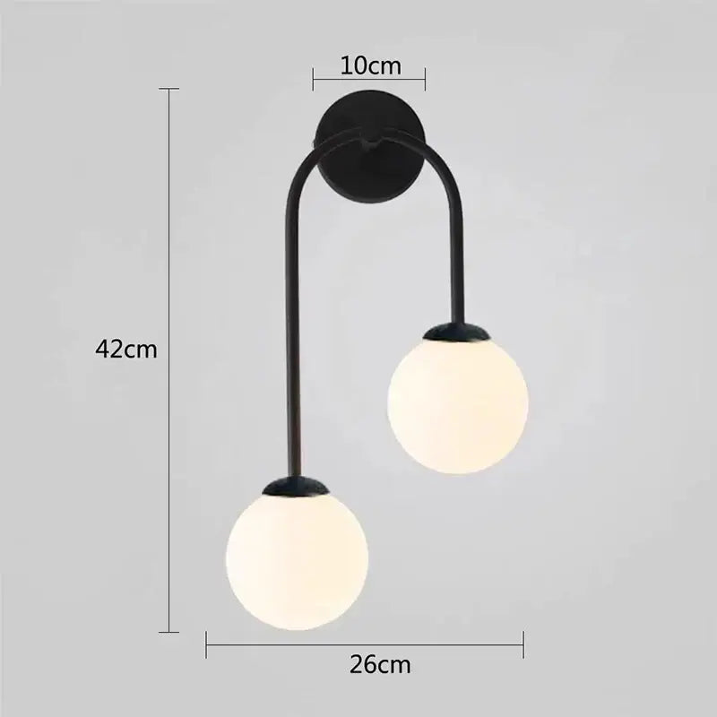 Black metal wall lamp with two frosted decorbites glass ball led shades for modern living room decor