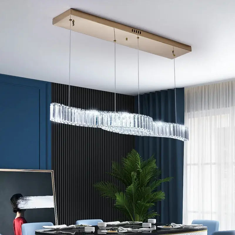 Modern gold two ring crystal led chandelier with metal frame and cascading clear crystals for dining room decorbites crystal led