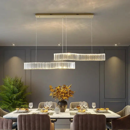 Modern gold two ring crystal led chandelier with clear crystal rods and gold ceiling mount for dining room decorbites crystal led