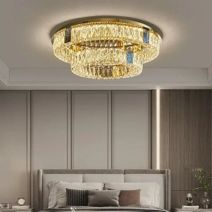Modern gold two tier crystal led ceiling lamp with concentric glass rings and blue accents for living room lighting